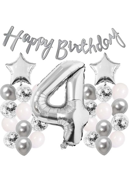 Gümüş Renk 4 Yaş Doğum Günü Seti Yıldız Folyo-Rakam Folyo-Banner