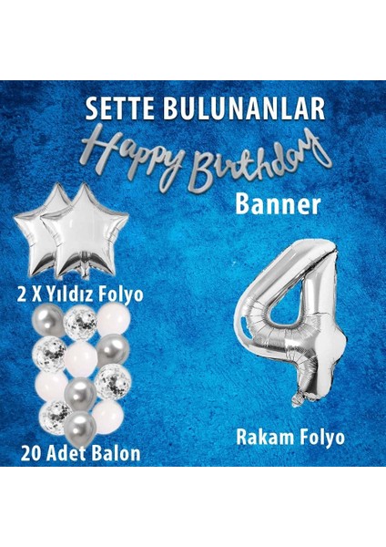 Gümüş Renk 4 Yaş Doğum Günü Seti Yıldız Folyo-Rakam Folyo-Banner fiyatları