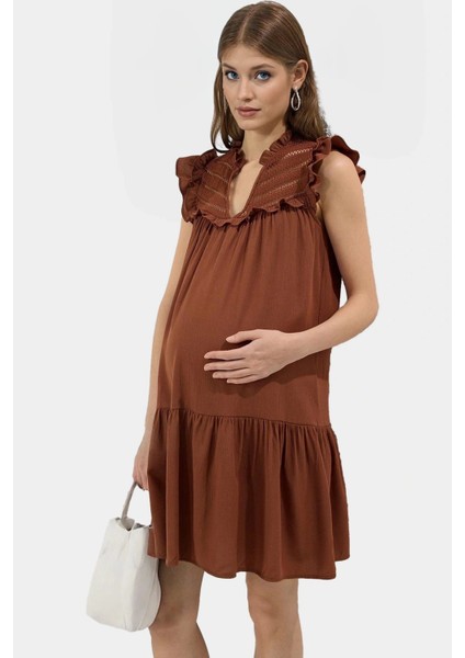 Yazlık Kısa Mini Elbise Viskoz Polyester Crinkle Dokuma Nakış Detaylı Rahat Kullanım