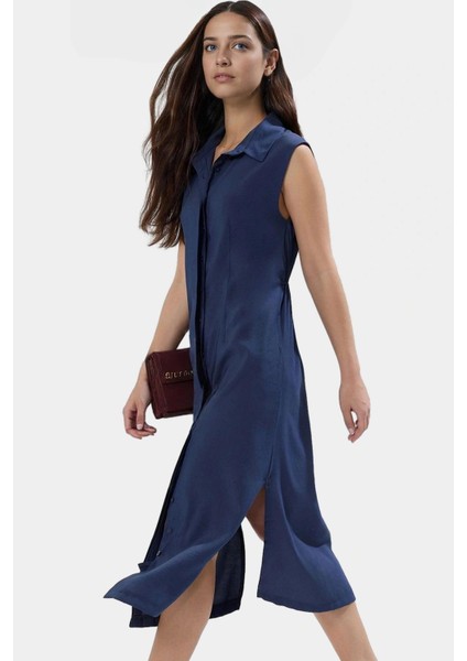 Midi Dokuma Gömlek Elbise 85% Modal 15% Polyester Günlük Stil Yüksek Kalite Mükemmel Uyum