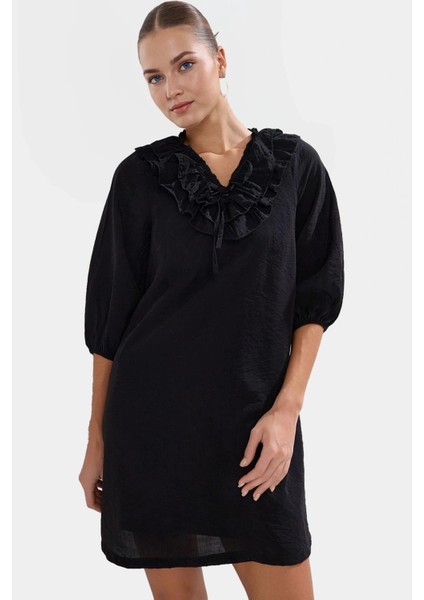 Kadın Mini Elbise V Yaka Fırfırlı Şifon Günlük Yazlık Premium Kalite Uzun Ömürlü fiyatları