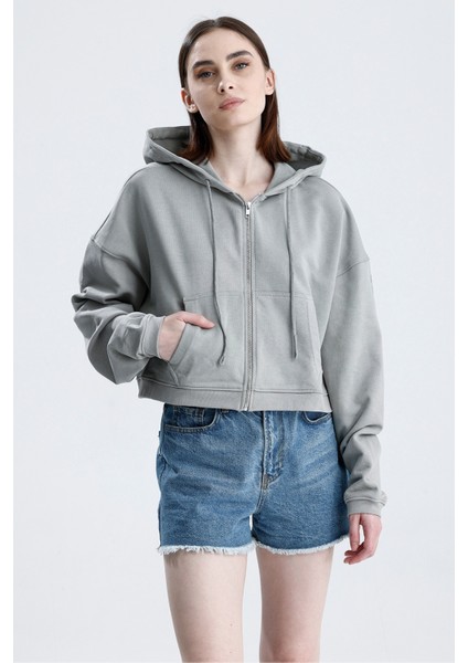 Gri Essentials Fit Kadın Zip Hoodie %100 Pamuk Kapüşonlu Düşük Omuzlu Fermuarlı Kanguru Cepli