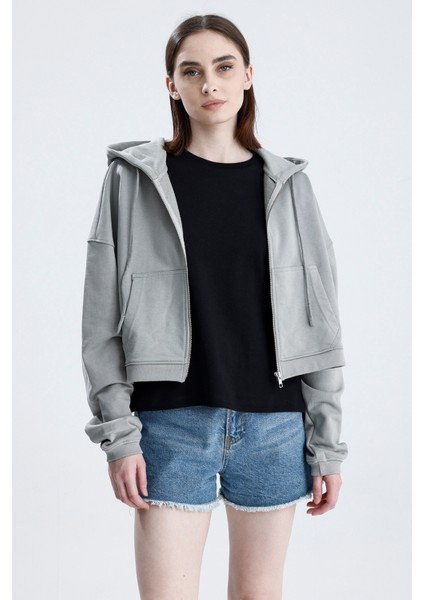 Gri Essentials Fit Kadın Zip Hoodie %100 Pamuk Kapüşonlu Düşük Omuzlu Fermuarlı Kanguru Cepli fiyatları