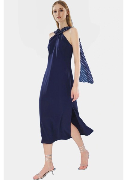 Puantiyeli A Line Maxi Elbise Polyester Yazlık Dokuma Şifon Rahat ve Şık Seçkin Malzeme