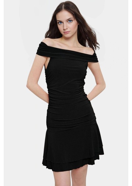 Kadın A Line Mini Örme Elbise Carmen Yaka Günlük Kullanım Trend Tasarım Modern Stil Konforlu Kesim