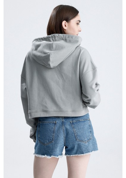 Gri Essentials Fit Kadın Zip Hoodie %100 Pamuk Kapüşonlu Düşük Omuzlu Fermuarlı Kanguru Cepli indirimleri