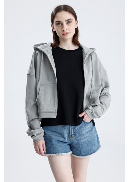 Gri Essentials Fit Kadın Zip Hoodie %100 Pamuk Kapüşonlu Düşük Omuzlu Fermuarlı Kanguru Cepli