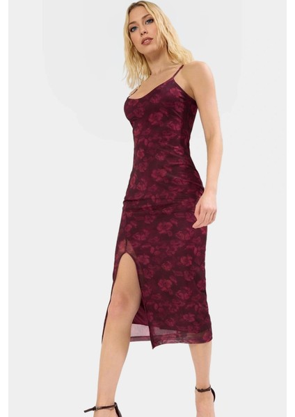 Şık V Yaka Midi Tül Elbise Örme Kumaş Bodycon Kesim Yazlık Yüksek Kalite Dayanıklı Malzeme fiyatları