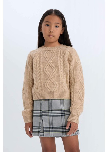 Kız Çocuk Örgü Detaylı Bisiklet Yaka Triko Kazak D1361A824WN