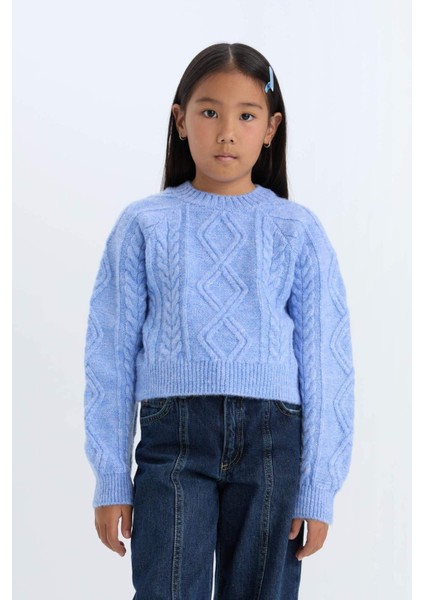 Kız Çocuk Bisiklet Yaka Saç Örgülü Triko Kazak D1361A824WN