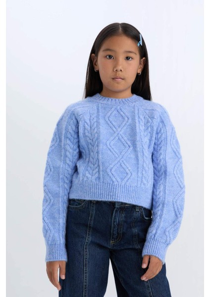 Kız Çocuk Bisiklet Yaka Saç Örgülü Triko Kazak D1361A824WN