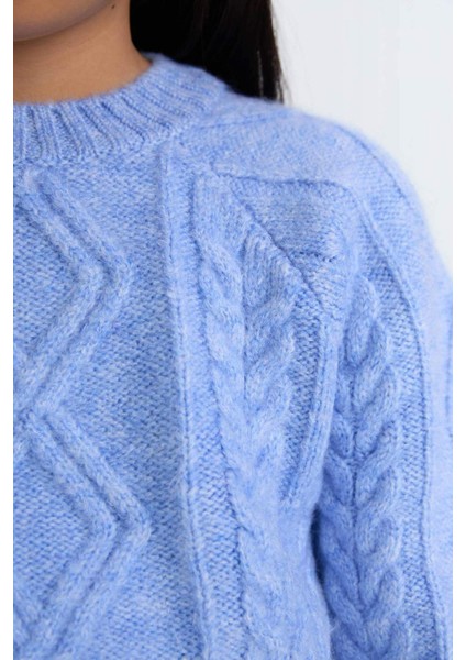 Kız Çocuk Bisiklet Yaka Saç Örgülü Triko Kazak D1361A824WN