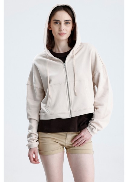 Ekru Essentials Fit Kadın Zip Hoodie %100 Pamuk Kapüşonlu Düşük Omuzlu Fermuarlı Kanguru Cepli