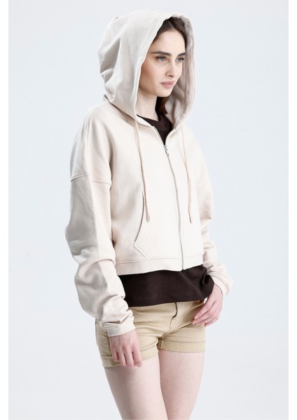Ekru Essentials Fit Kadın Zip Hoodie %100 Pamuk Kapüşonlu Düşük Omuzlu Fermuarlı Kanguru Cepli fiyatları