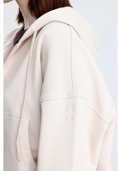 Ekru Essentials Fit Kadın Zip Hoodie %100 Pamuk Kapüşonlu Düşük Omuzlu Fermuarlı Kanguru Cepli fırsatları