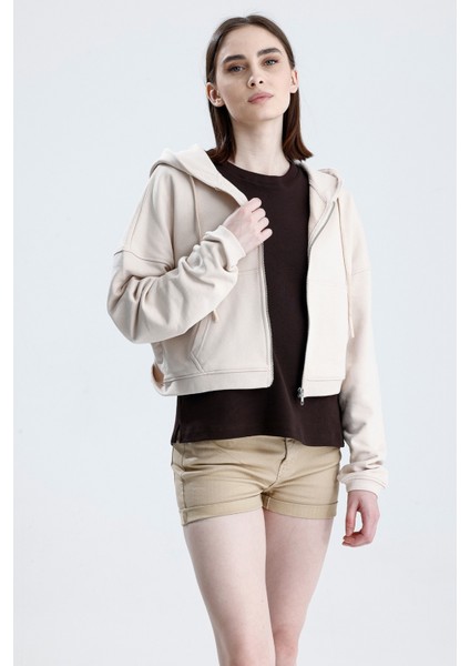 Ekru Essentials Fit Kadın Zip Hoodie %100 Pamuk Kapüşonlu Düşük Omuzlu Fermuarlı Kanguru Cepli indirimleri