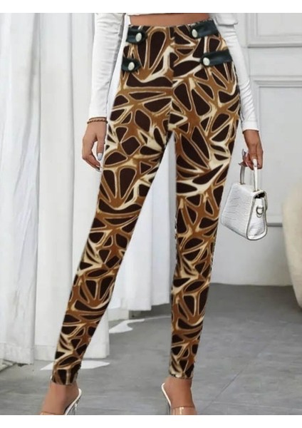 Kadın Yüksek Bel Kaz Ayağı Desenli Yan Şerit Düğme Detaylı Dalgıç Pantolon modelleri