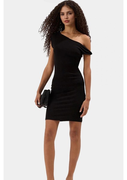 Asimetrik Yaka Bodycon Mini Örme Elbise 97% Viskoz Rahat Günlük Şık Zarifane Tasarım Kullanım