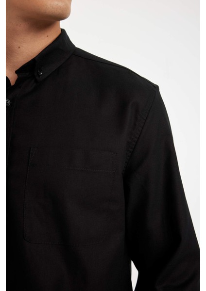 %100 Pamuk Regular Fit Polo Yaka Oxford Basic Düz Uzun Kollu Siyah Gömlek A8028AX24AU