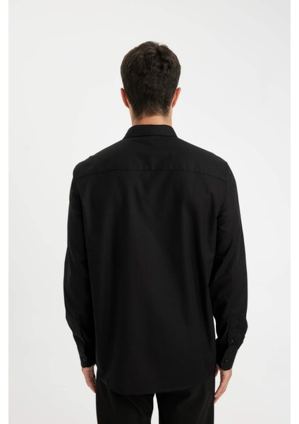 %100 Pamuk Regular Fit Polo Yaka Oxford Basic Düz Uzun Kollu Siyah Gömlek A8028AX24AU