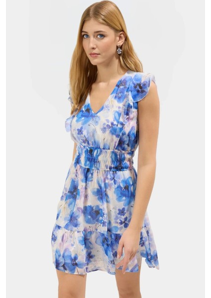 Yazlık Çiçekli Mini Elbise Şifon Dokuma Astarlı Skater Modern Stil Kaliteli Işçilik