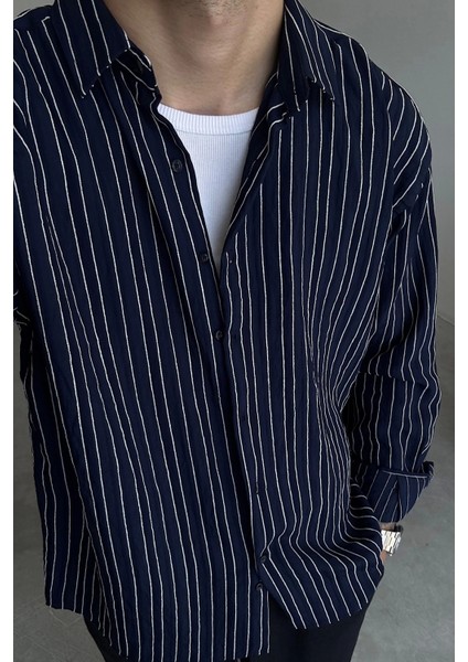 Lacivert Oversize Çizgili Ravel Gömlek