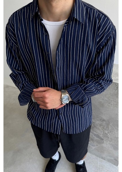 Lacivert Oversize Çizgili Ravel Gömlek fiyatları