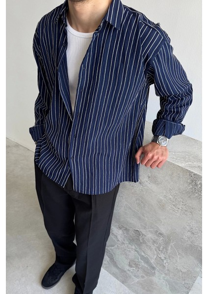 Lacivert Oversize Çizgili Ravel Gömlek modelleri