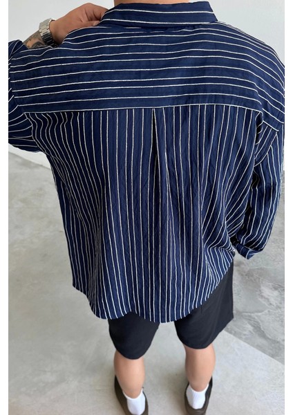 Lacivert Oversize Çizgili Ravel Gömlek fırsatları