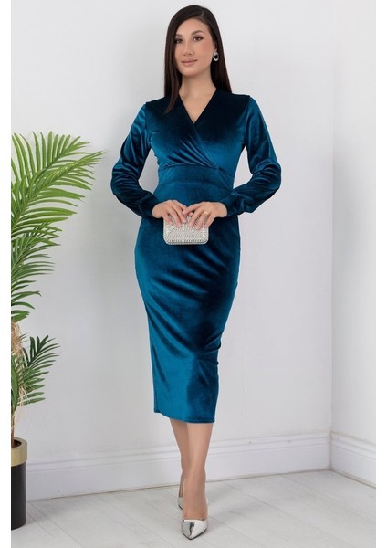 Kadın Kadife Kumaş Manşetli V Yaka Şık Kalem Elbise fırsatları