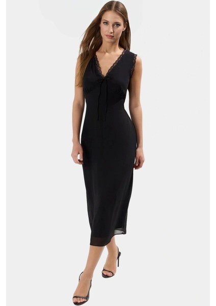 Şık A Kesim Midi Elbise Dantel Detaylı Yazlık Dokuma Kumaş Özenle Seçilmiş Konforlu