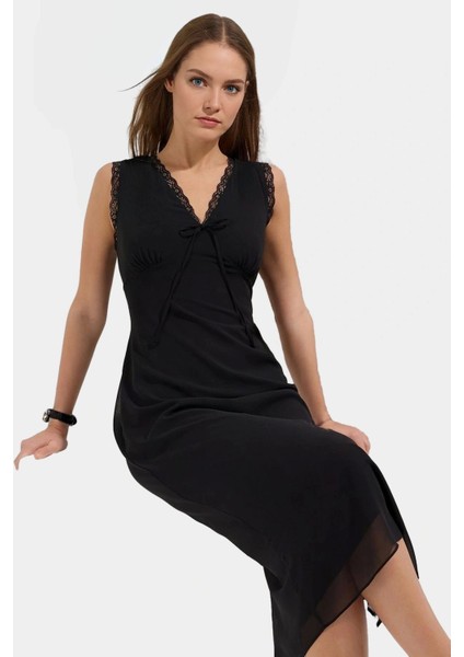 Şık A Kesim Midi Elbise Dantel Detaylı Yazlık Dokuma Kumaş Özenle Seçilmiş Konforlu fiyatları