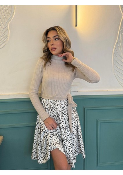 Kadın Uzun Kollu Balıkçı Yaka Belden Bağlamalı Üst Kaşkorse Eteği Dalgıç Kısa Elbise modelleri