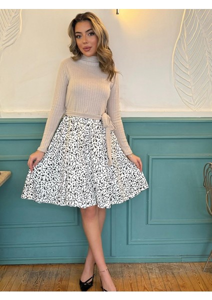 Kadın Uzun Kollu Balıkçı Yaka Belden Bağlamalı Üst Kaşkorse Eteği Dalgıç Kısa Elbise fırsatları