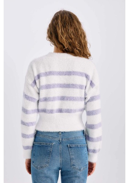 Regular Fit Çizgili Bisiklet Yaka Triko Kazak R1285AZ24CW