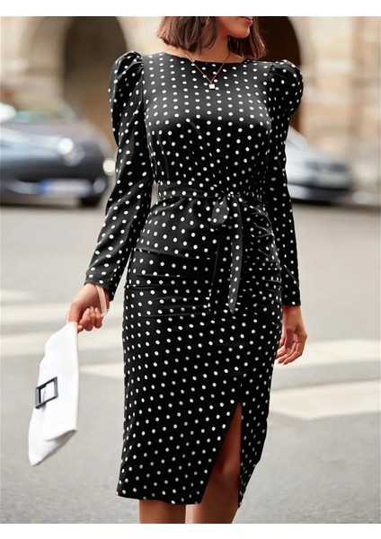 Kadın Uzun Kollu Yuvarlak Yaka Belden Kuşaklı Önden Yırtmaçlı Örme Krep Elbise fırsatları