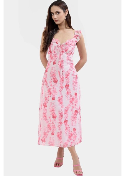Yazlık Çiçekli A Line Midi Elbise Polyester Dokuma Kumaş Özenle Seçilmiş Mükemmel Uyum fiyatları