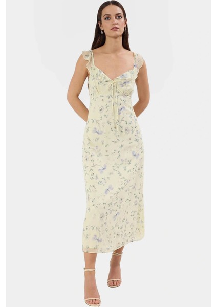 Yazlık Çiçekli A Line Midi Elbise Polyester Dokuma Kumaş Özenle Seçilmiş Mükemmel Uyum