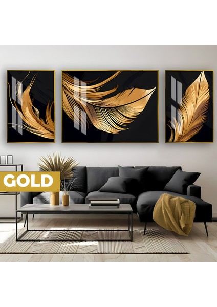 | Siyah&gold Set Tüy Kombini (Feather) |çerçeveli Temperli Cam Tablo 3lü Yatay