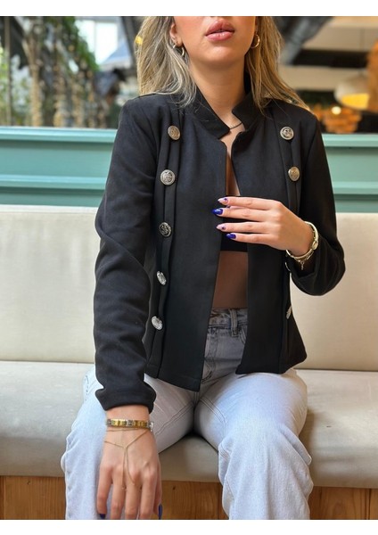 Kadın Uzun Kollu Hakim Yaka Yanlardan Düğmeli Kısa Süet Ceket fiyatları