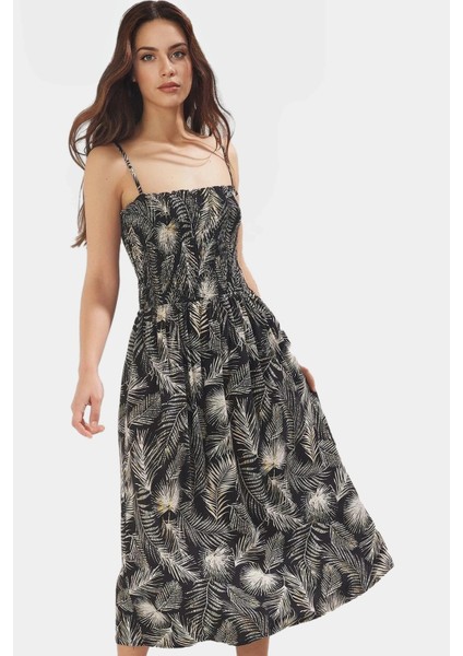 Yazlık Tropikal Desenli Viskoz Midi Elbise Kare Yaka Gipeli Özenle Seçilmiş Profesyonel Görünüm fiyatları