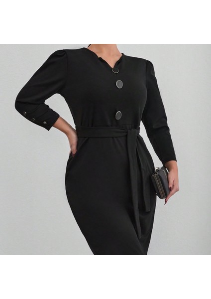 Kadın Uzun Kollu Düğme Detaylı Kendinden Kemerli Ithal Krep Elbise fiyatları