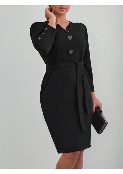 Kadın Uzun Kollu Düğme Detaylı Kendinden Kemerli Ithal Krep Elbise fırsatları