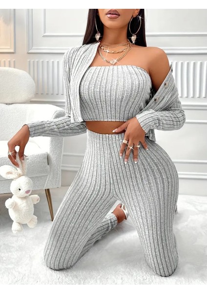 Kadın Uzun Kollu Straplez Şardonlu Kaşkorse Bluz Önü Düğmeli Ceket ve Tayt Pantolonlu Üçlü Takım