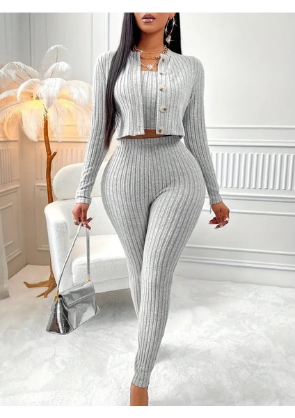 Kadın Uzun Kollu Straplez Şardonlu Kaşkorse Bluz Önü Düğmeli Ceket ve Tayt Pantolonlu Üçlü Takım fiyatları