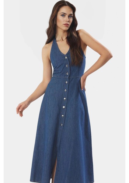 Maxi Denim Elbise Halter Yaka Volanlı Pamuk Günlük Şık Rahat Kullanım Profesyonel Görünüm
