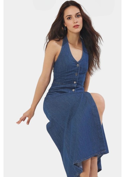 Maxi Denim Elbise Halter Yaka Volanlı Pamuk Günlük Şık Rahat Kullanım Profesyonel Görünüm fiyatları