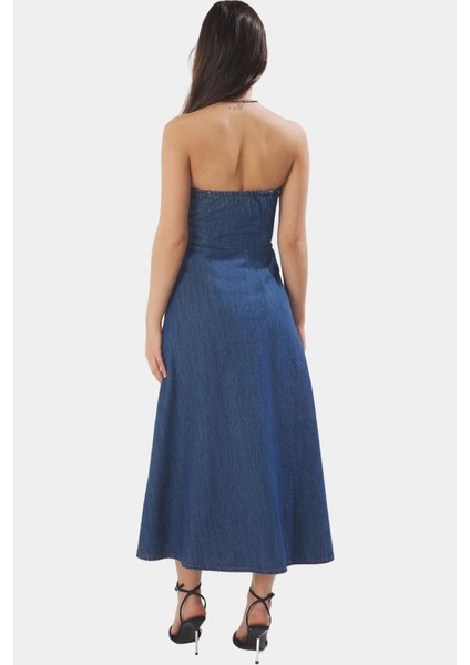 Maxi Denim Elbise Halter Yaka Volanlı Pamuk Günlük Şık Rahat Kullanım Profesyonel Görünüm modelleri
