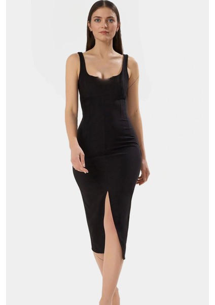 Zarif Midi Boy Kolsuz Dokuma Elbise Vücudu Saran 88% Polyester Yazlık Modern Stil Konforlu Kesim