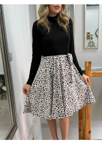 Kadın Uzun Kollu Balıkçı Yaka Belden Bağlamalı Üst Kaşkorse Eteği Dalgıç Kısa Elbise